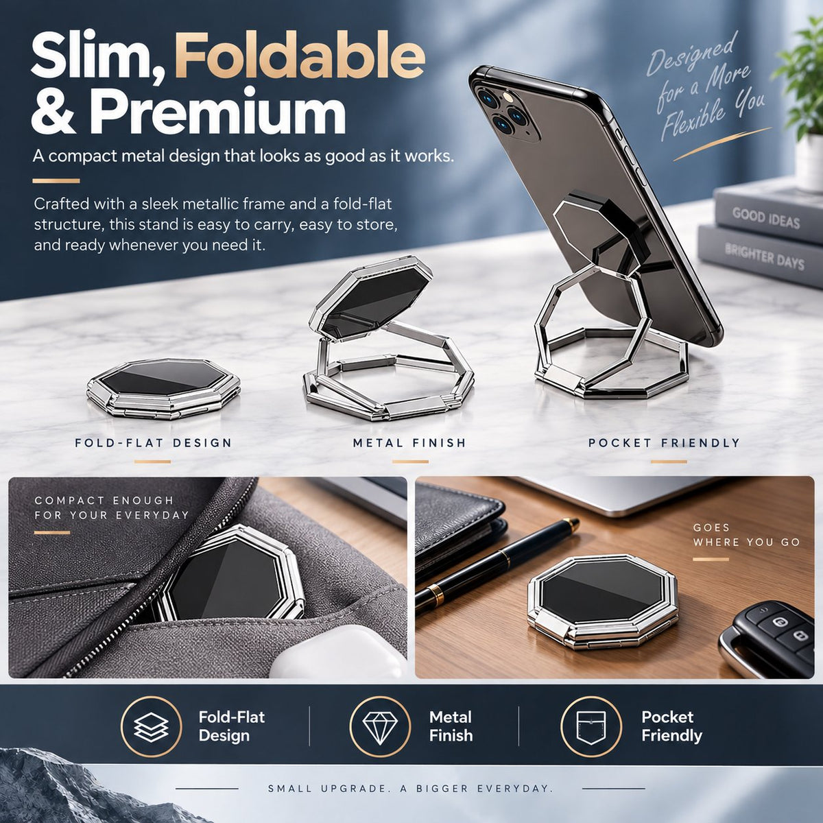 Octagonal Foldable Metal Phone Ring Stand | Magnetic Car Mount Compatible