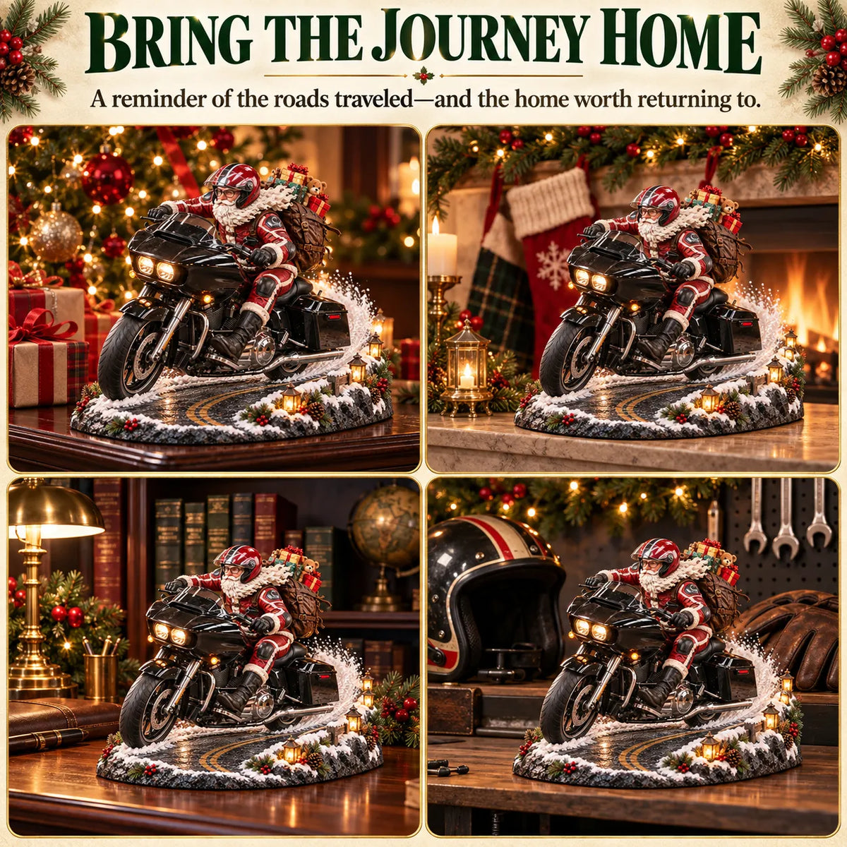 Motorcycle Santa Christmas figurine displayed around the home