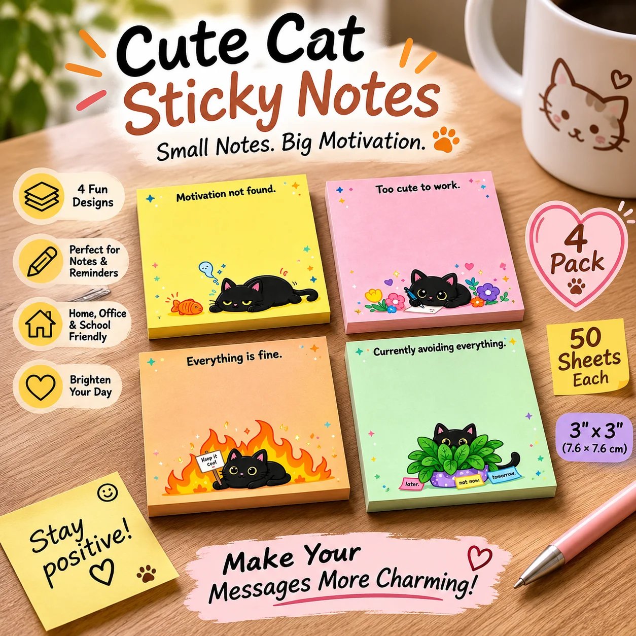 🐈‍⬛😂 Moody Cat Desk Notes – 4 Hilarious Designs for Work, School & Everyday Chaos