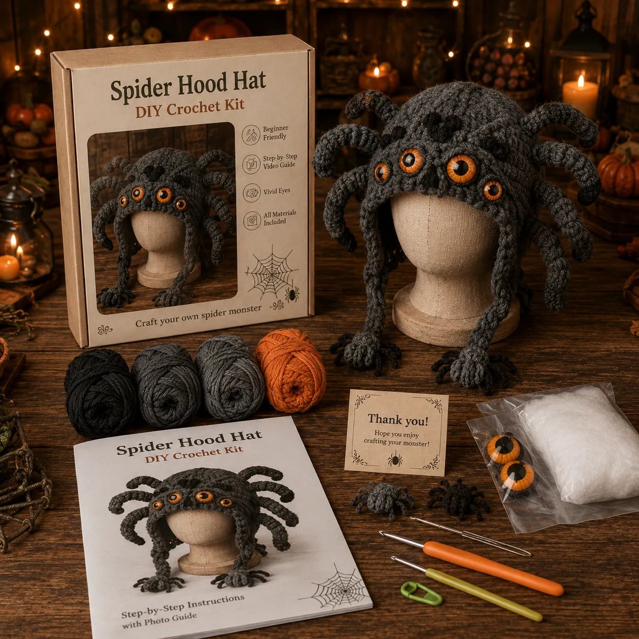 🎭🎃 Halloween Monster Hood DIY Crochet Kit | Premium Soft Yarn Materials with Step-by-Step Guide DIY Handmade Wearable Character Hood 🧶✨
