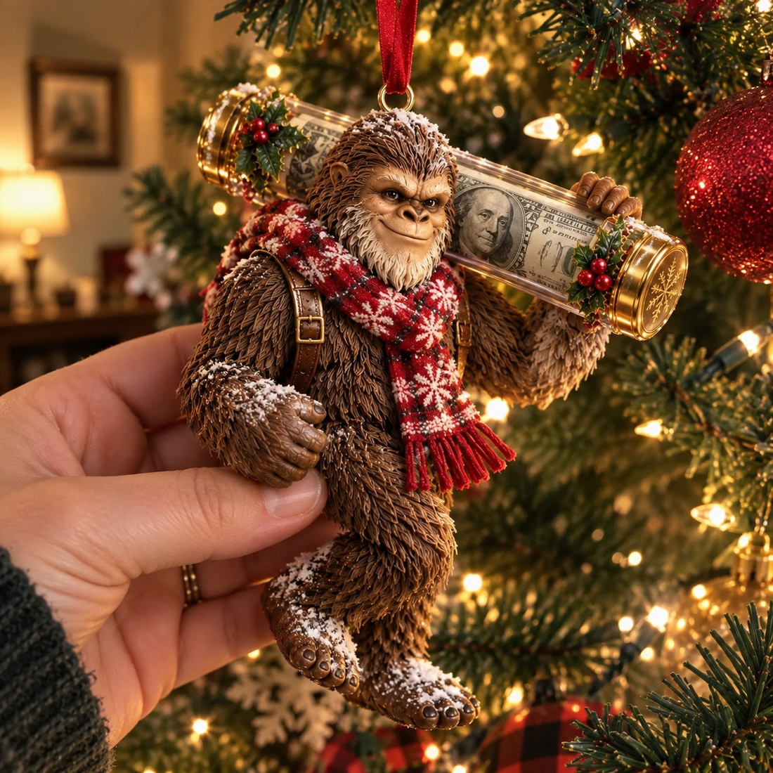Bigfoot cash keeper hanging on Christmas tree