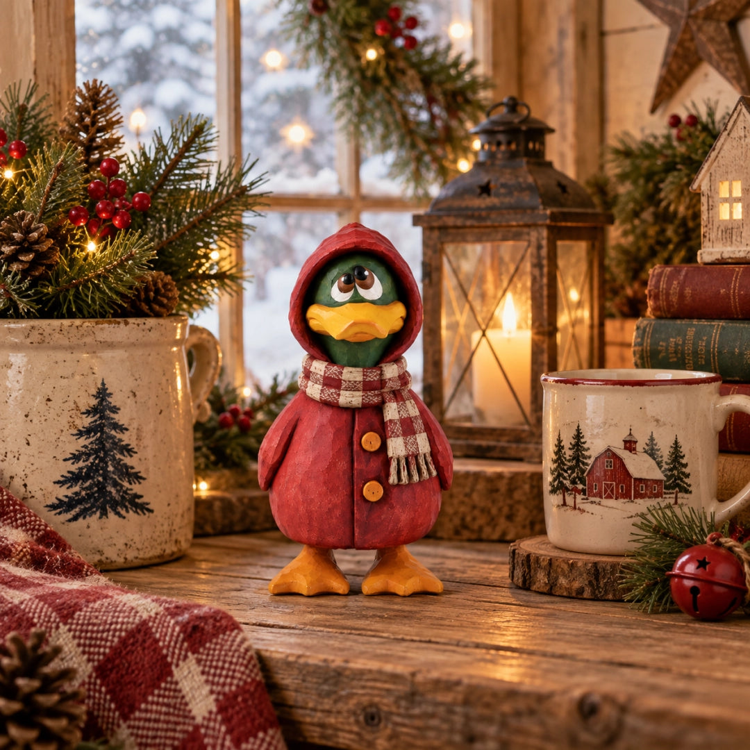 Rustic Wooden Duck Figurine with Scarf, Hand-Painted Farmhouse Animal Decor