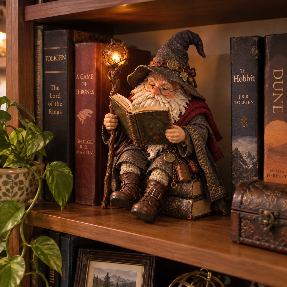 🧙‍♂️ Wise Scholar Gnome, Magical Reading Wizard Figurine