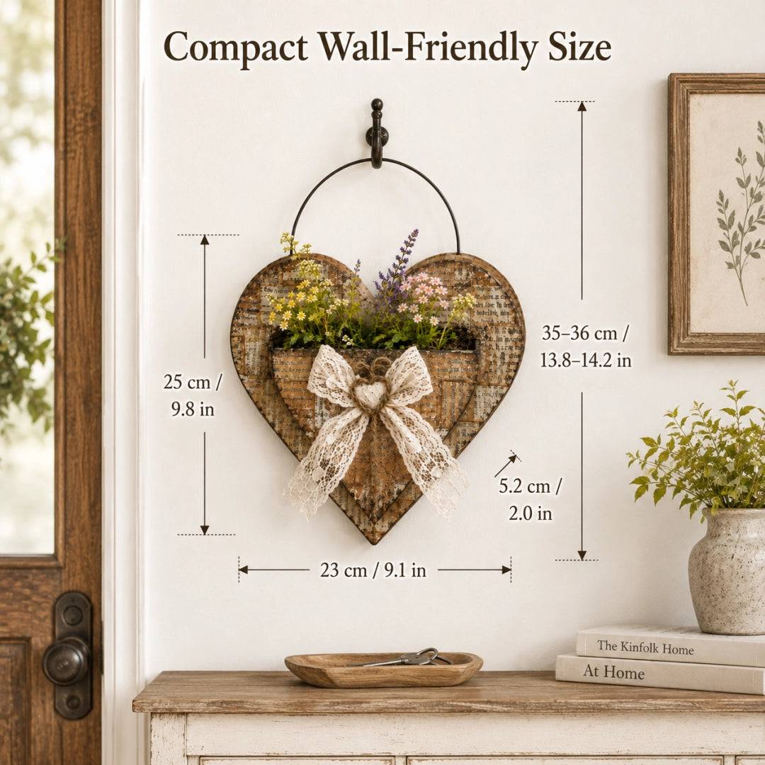 Vintage Farmhouse Heart Wall Planter with Lace Bow