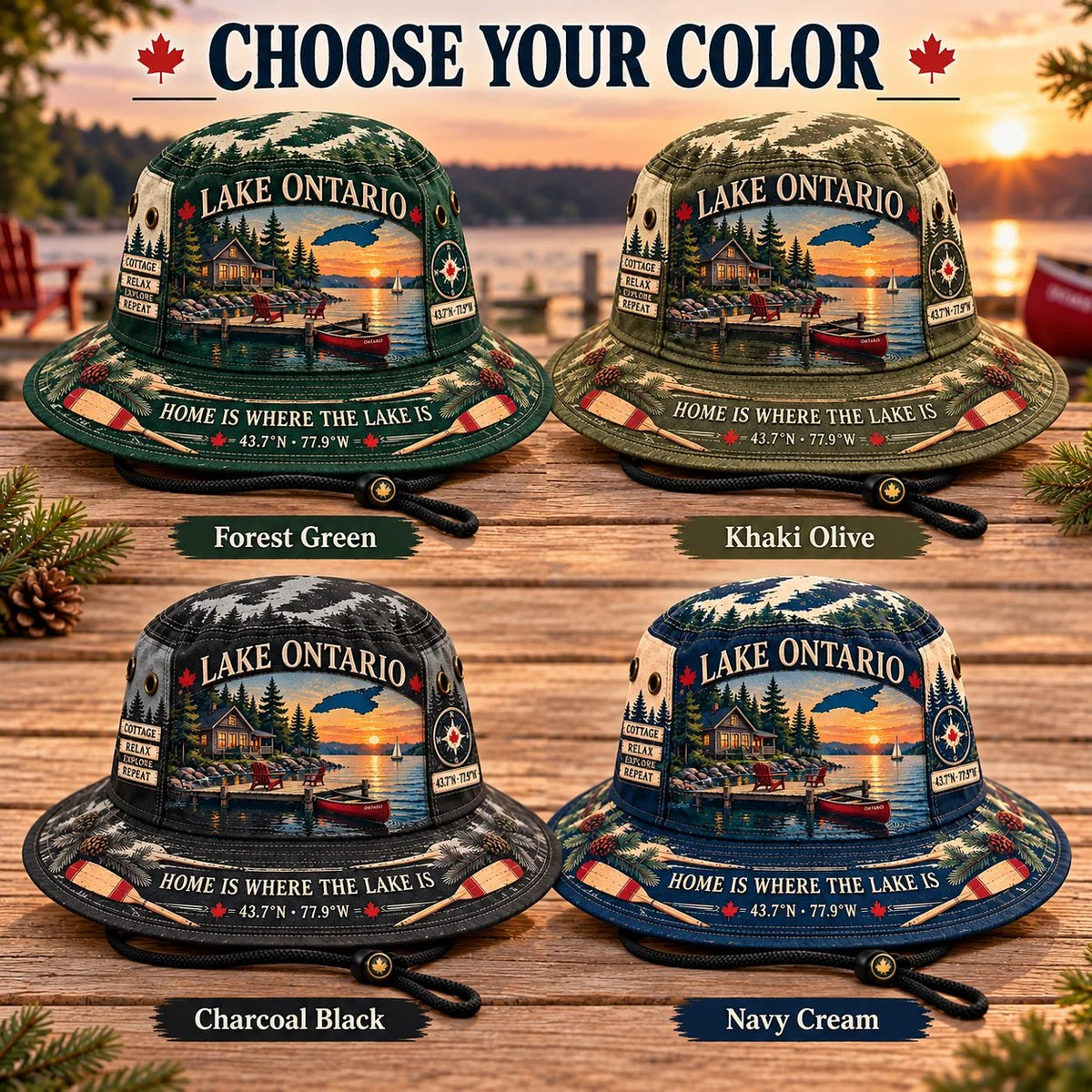 🔥LAST DAY 50% OFF - 🌊🍁 Lake Ontario Cottage Life Boonie Hat – Home Is Where the Lake Is (🧢100% Cotton)