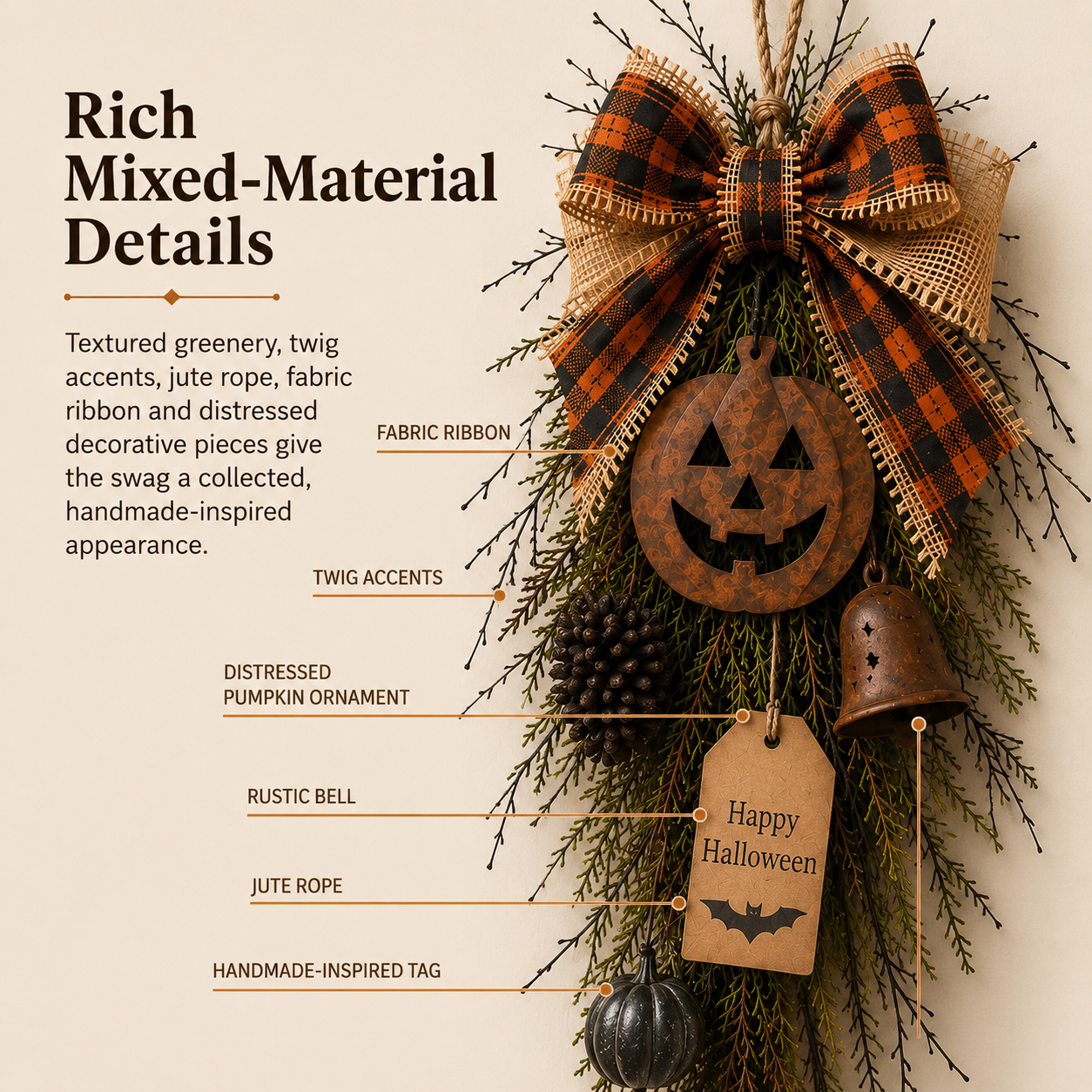 🎃🍂 Rustic Halloween Pumpkin Door Swag – Plaid Bow & Bell Hanging Décor
