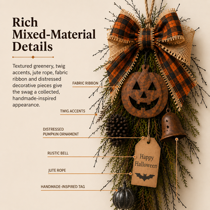 🎃🍂 Rustic Halloween Pumpkin Door Swag – Plaid Bow & Bell Hanging Décor