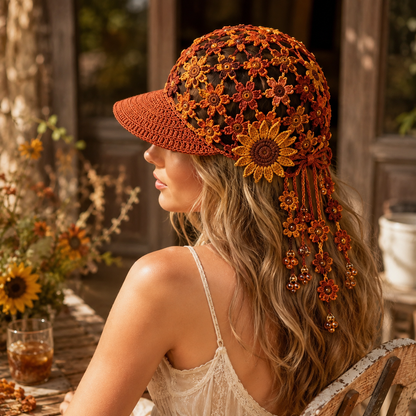 🔥Last Day 49% OFF - 🌻Women’s Handmade Crochet Sunflower Baseball Cap – Hollow-Out Boho Summer Sun Hat with Decorative Tassels