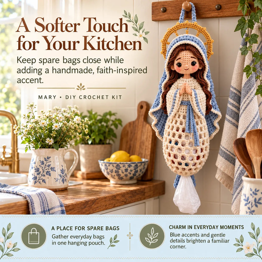 Blessed Mary crochet bag holder hung in a bright cozy kitchen with a spare bag stored inside