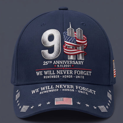 🇺🇸 9/11 25th Anniversary “We Will Never Forget” Memorial Embroidered Cap