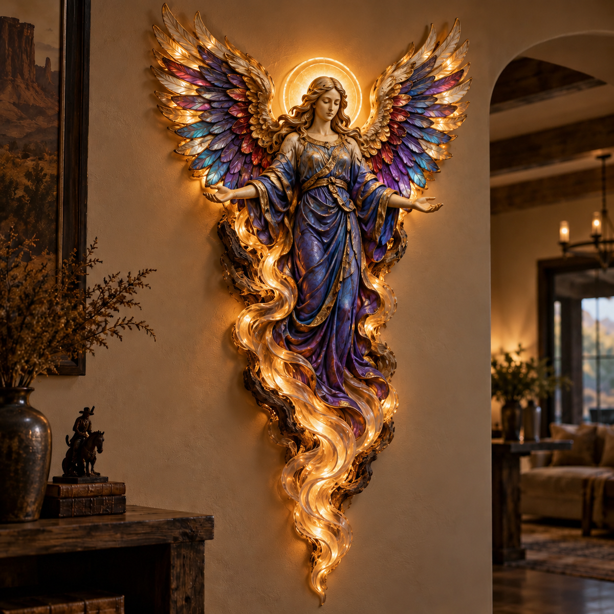 Gabriel lighted angel wall sculpture displayed in a warmly lit home