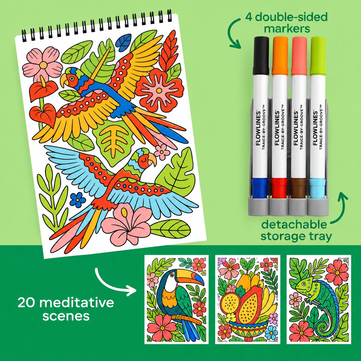 🌿 Trace-By-Groove Guided Flow Art Coloring Pad with Double-Sided Markers 🎨