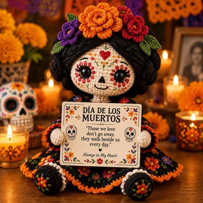 🏵️ 💕 Handcrafted Día de los Muertos Crochet Doll – Sugar Skull Catrina Figurine with Floral Dress & Memorial Sign