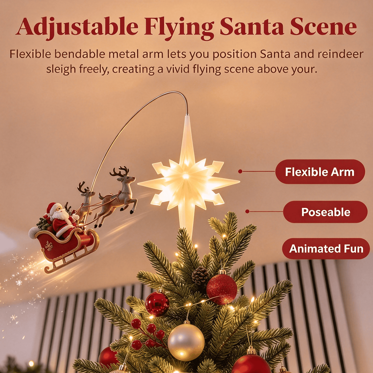 Lighted Christmas Tree Topper, Moravian LED Star with Bendable Metal Arm Santa Reindeer Sleigh Flying Ornament, Christmas Tree Top Holiday Decoration