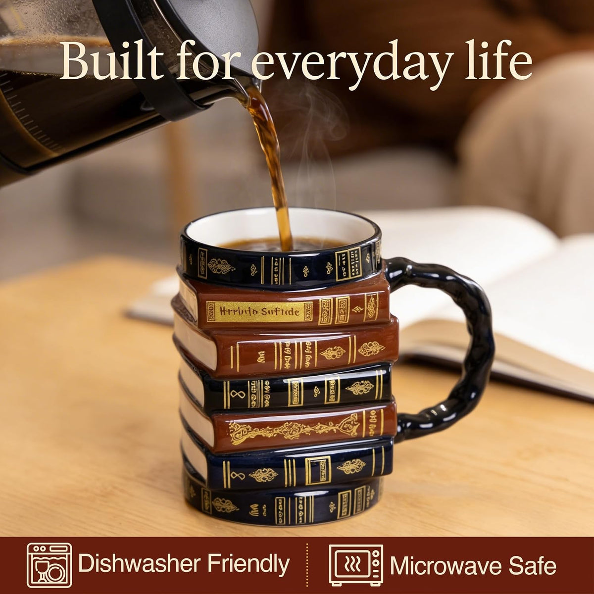 3D Stacked Vintage Book Mug: Cozy Library Style Coffee Cup for Book Lovers, Reading Nook & Home Desk