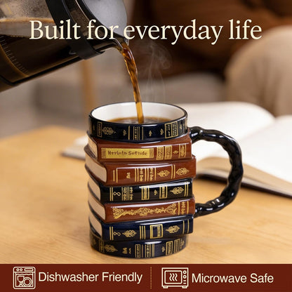 3D Stacked Vintage Book Mug: Cozy Library Style Coffee Cup for Book Lovers, Reading Nook & Home Desk