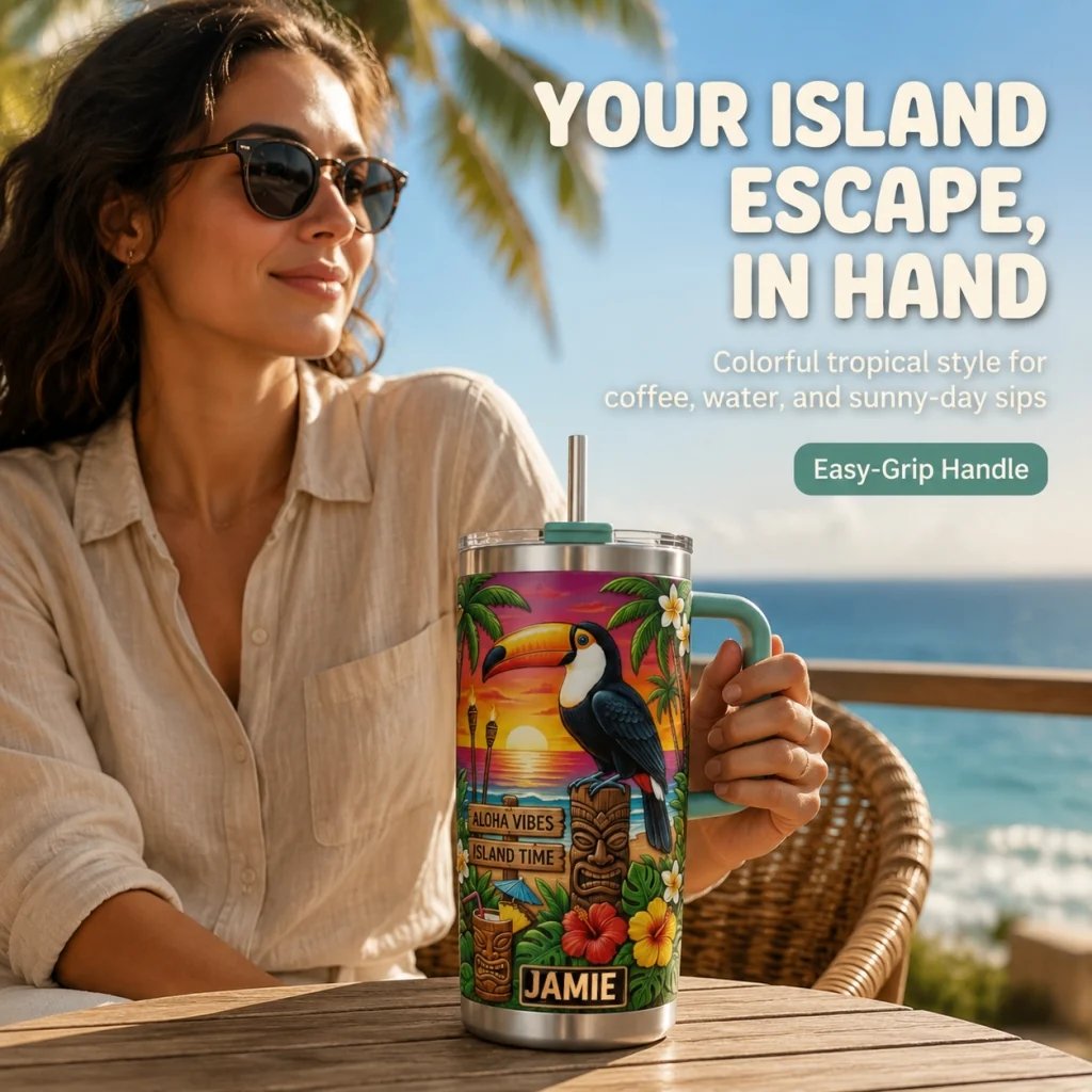 🌺🦜 Personalized Tiki Life Toucan Tumbler