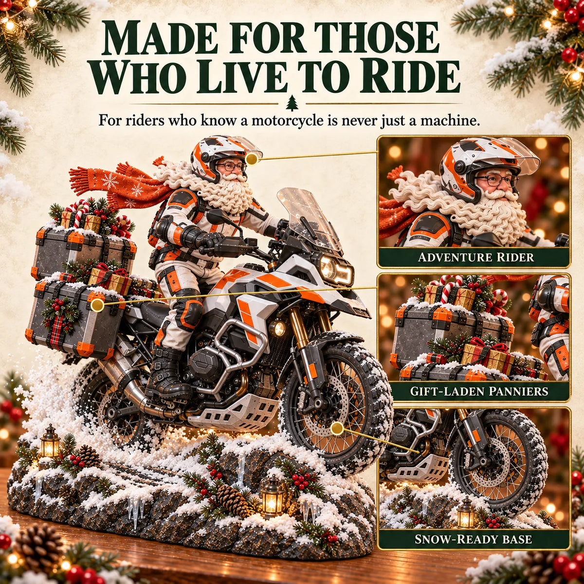 Adventure motorcycle Santa Christmas figurine