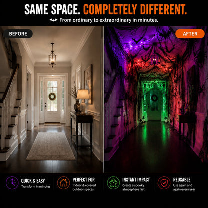 🕸️💡 Haunted Hallway Makeover Set – Gauze, Glow & Bat Decor for Spooky Halloween Scenes
