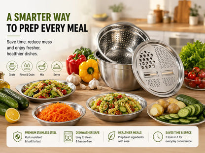 🥣✨ 3-in-1 Stainless Steel Kitchen Prep Set – Grater, Colander & Mixing Bowl