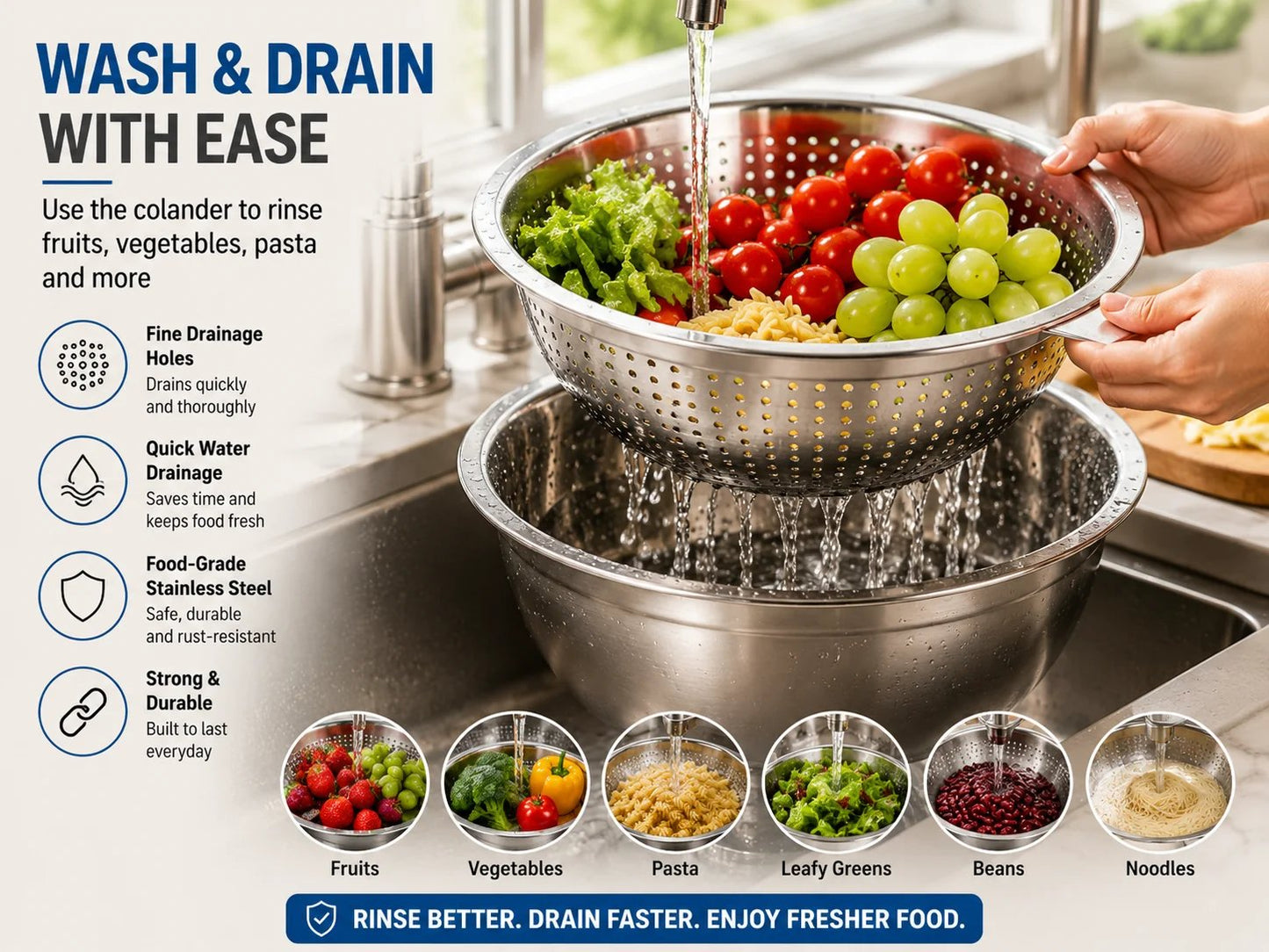 🥣✨ 3-in-1 Stainless Steel Kitchen Prep Set – Grater, Colander & Mixing Bowl