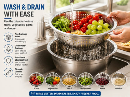 🥣✨ 3-in-1 Stainless Steel Kitchen Prep Set – Grater, Colander & Mixing Bowl