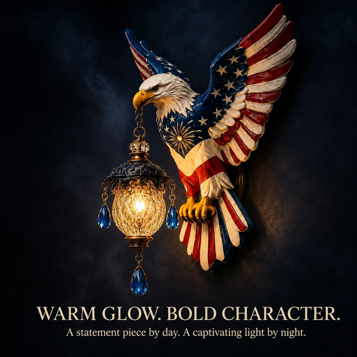 American freedom eagle pendant wall light glowing against a dark background