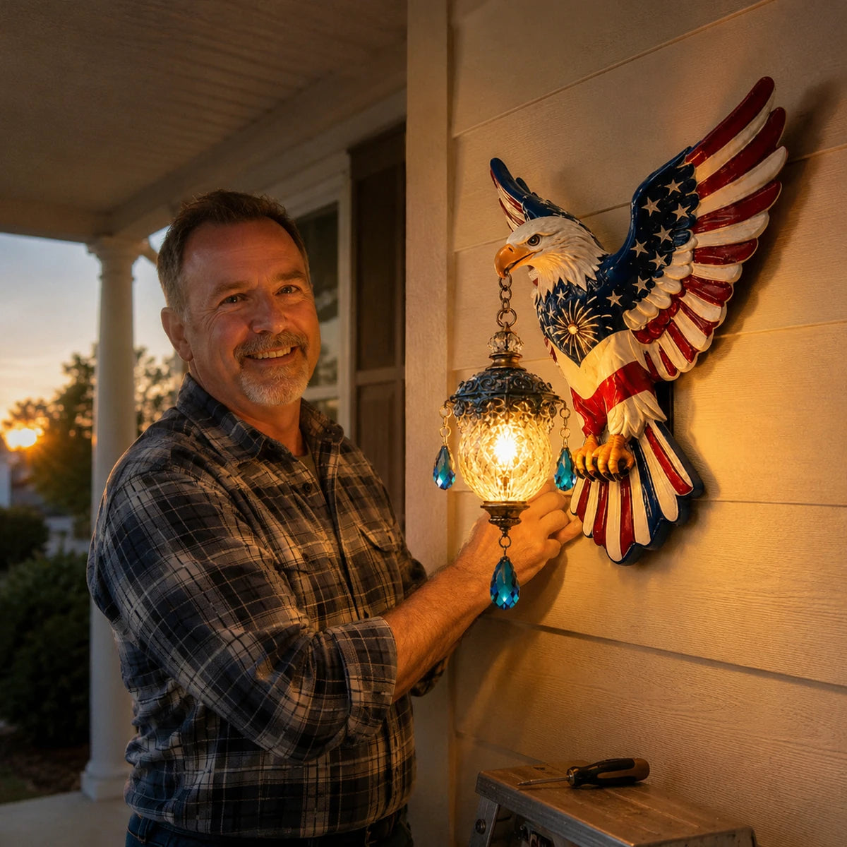 Man displaying American eagle pendant wall light on a covered porch