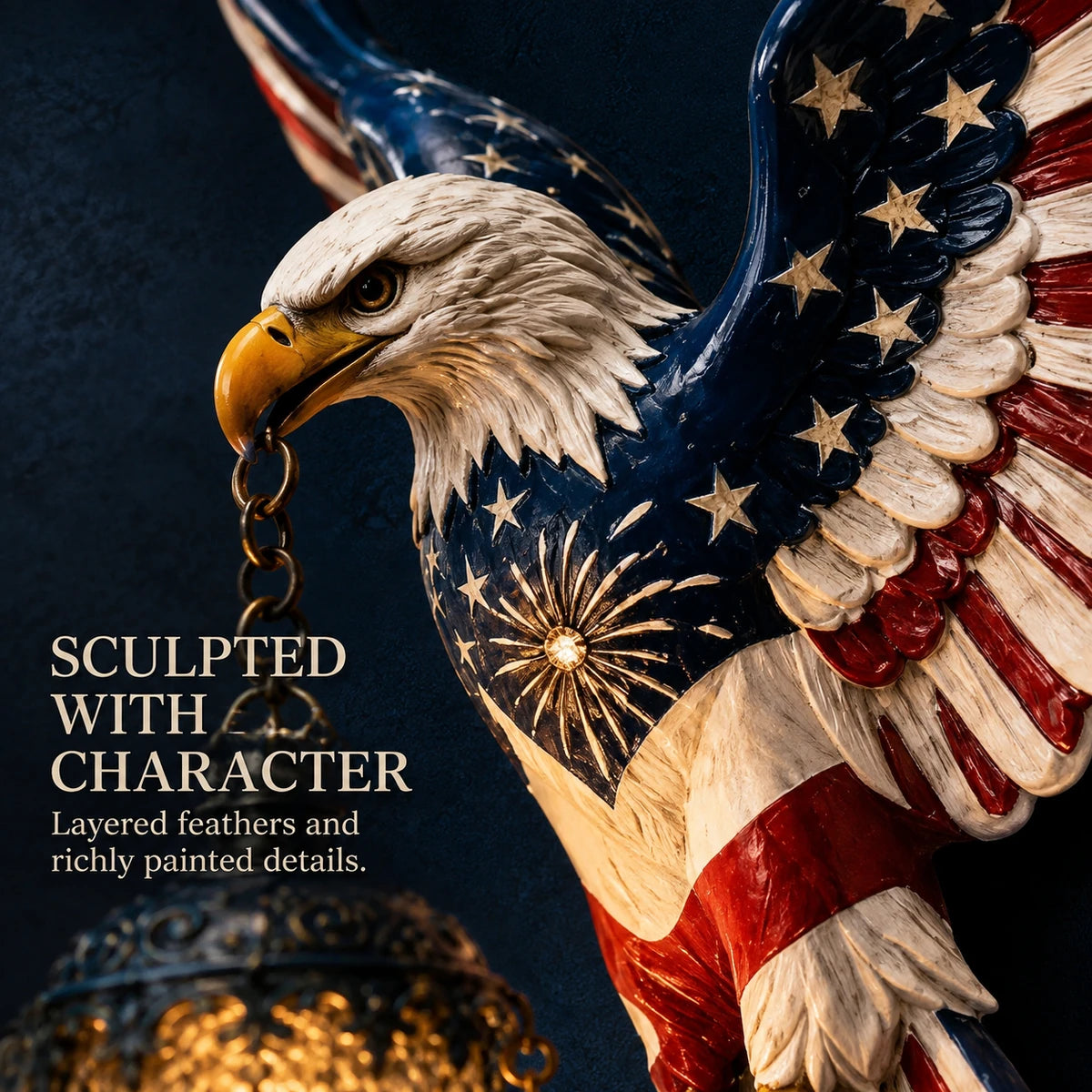 Close-up sculpted detail of American eagle wall light