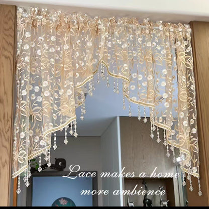 Embroidered Lace Doorway Curtain Set with Beaded Trim – 2 Panels