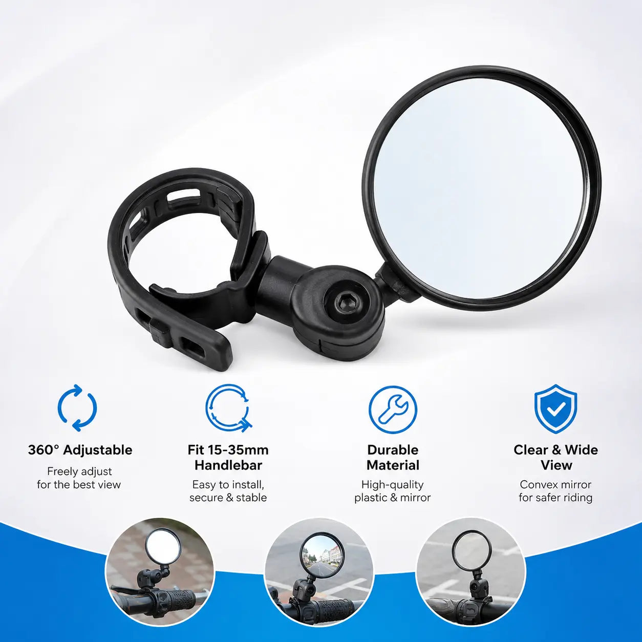 Adjustable Convex Bicycle Rearview Mirror – Shatterproof Clear Handlebar Mirror (1.5-3cm)