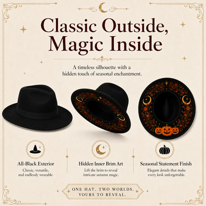 🖤 Gothic Embroidered Wide Brim Fedora Hat 🌙