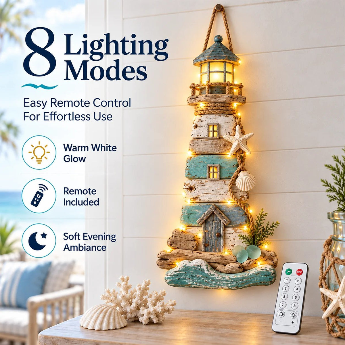🌊🏠 Coastal Driftwood Lighthouse Wall Decor – Rustic Beach House Hanging Accent