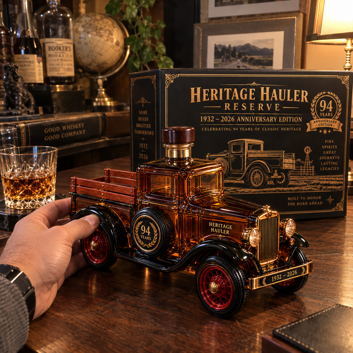 Heritage Hauler vintage truck decanter displayed in daylight