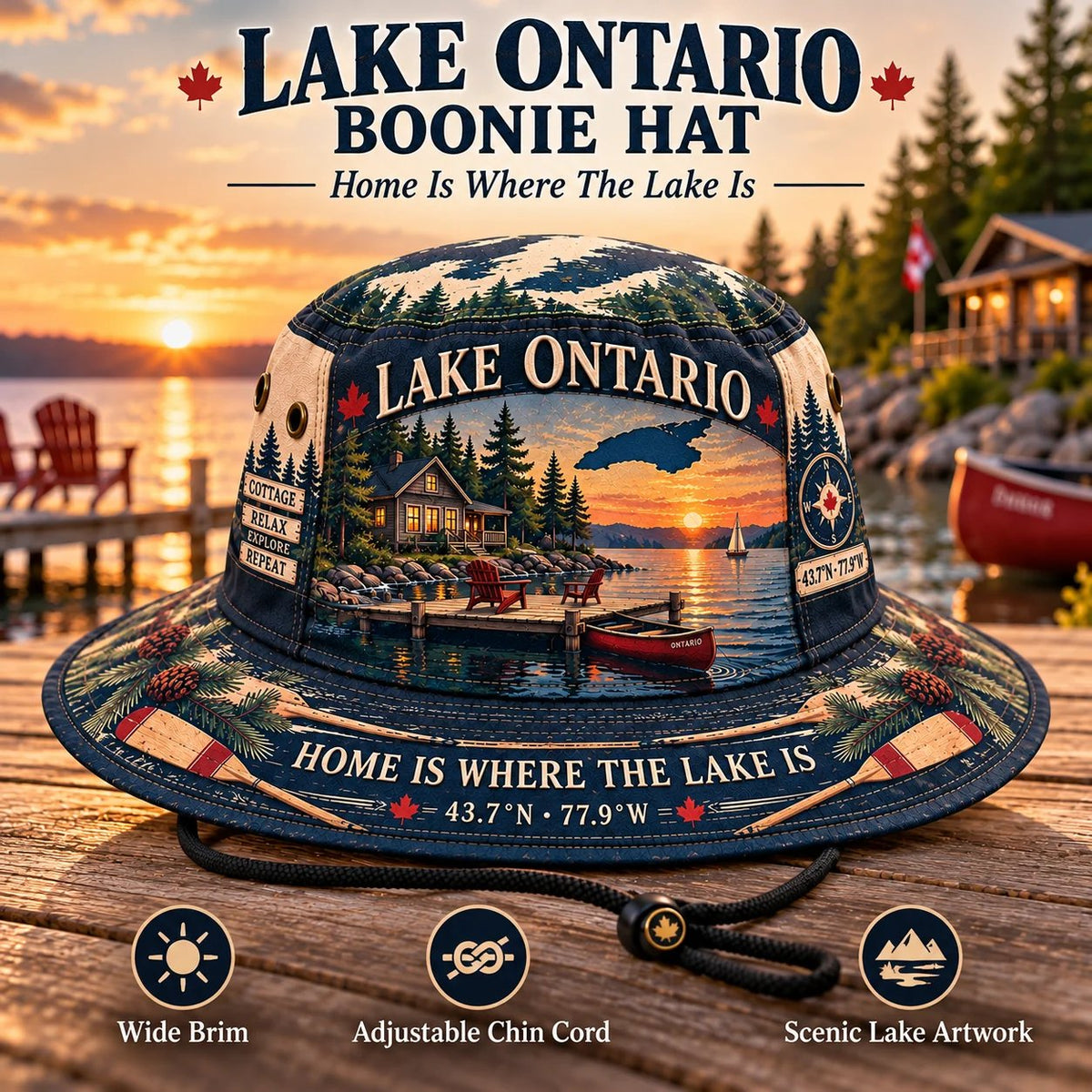 🔥LAST DAY 50% OFF - 🌊🍁 Lake Ontario Cottage Life Boonie Hat – Home Is Where the Lake Is (🧢100% Cotton)