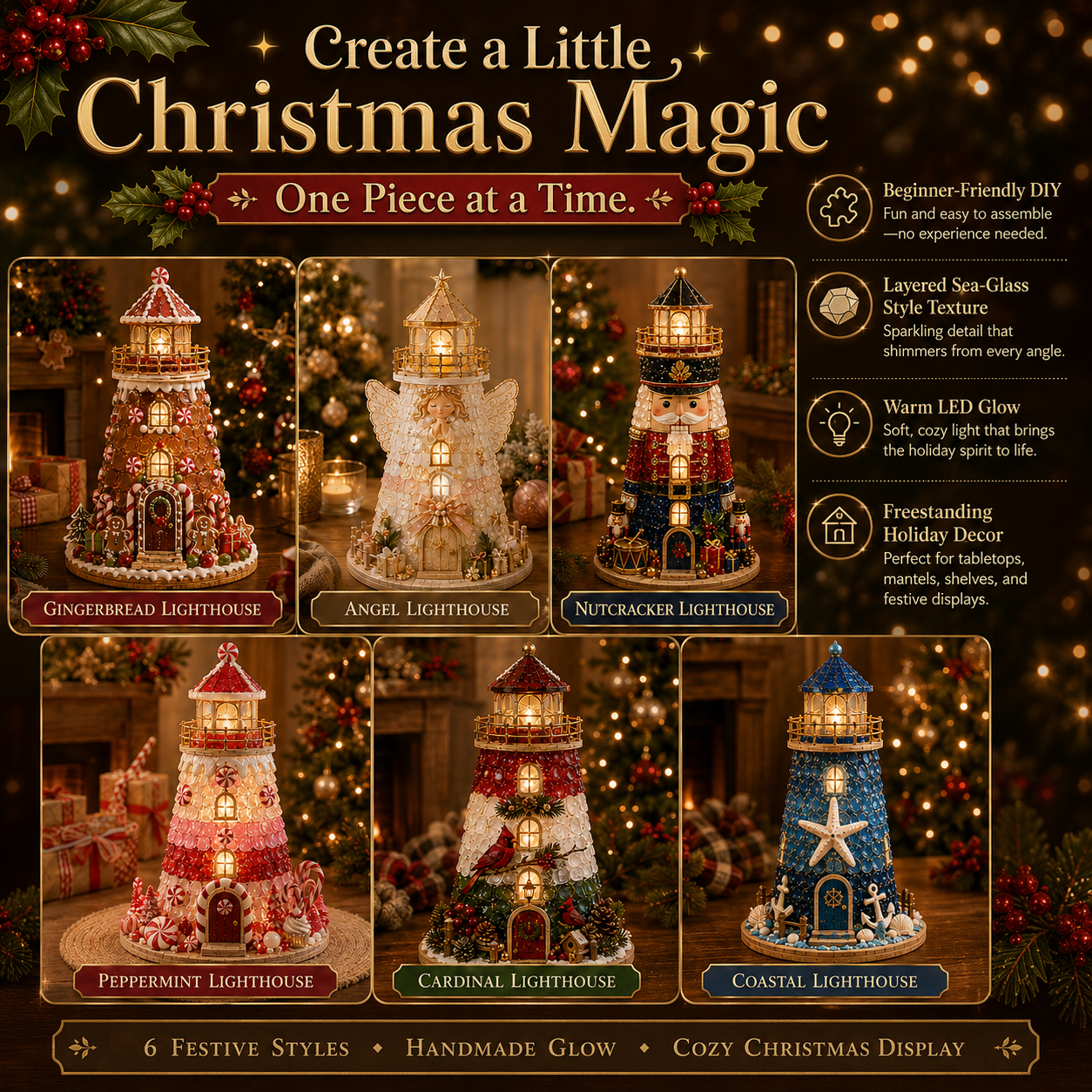 🎄Beginner-Friendly DIY Lighted Christmas Character Sea Glass-Style Lighthouse Kit Collection | Complete Kit with Sea Glass-Style Pieces, LED Lights & Step-by-Step Guide Included 💕