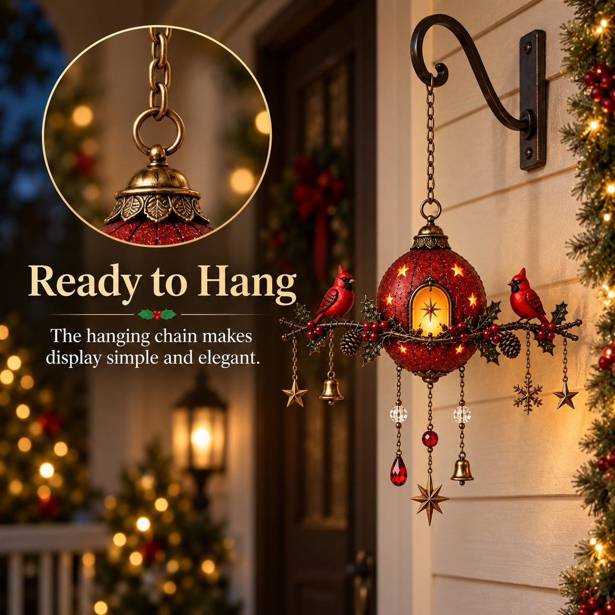 Illuminated Christmas hanging ornament with red cardinals – Festive wall decoration with warm light