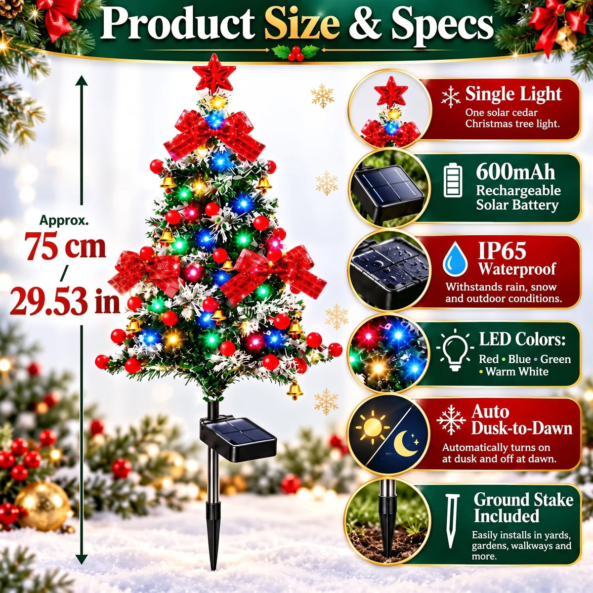 Solar Cedar Christmas Tree Lights| Festive Outdoor Holiday Decor