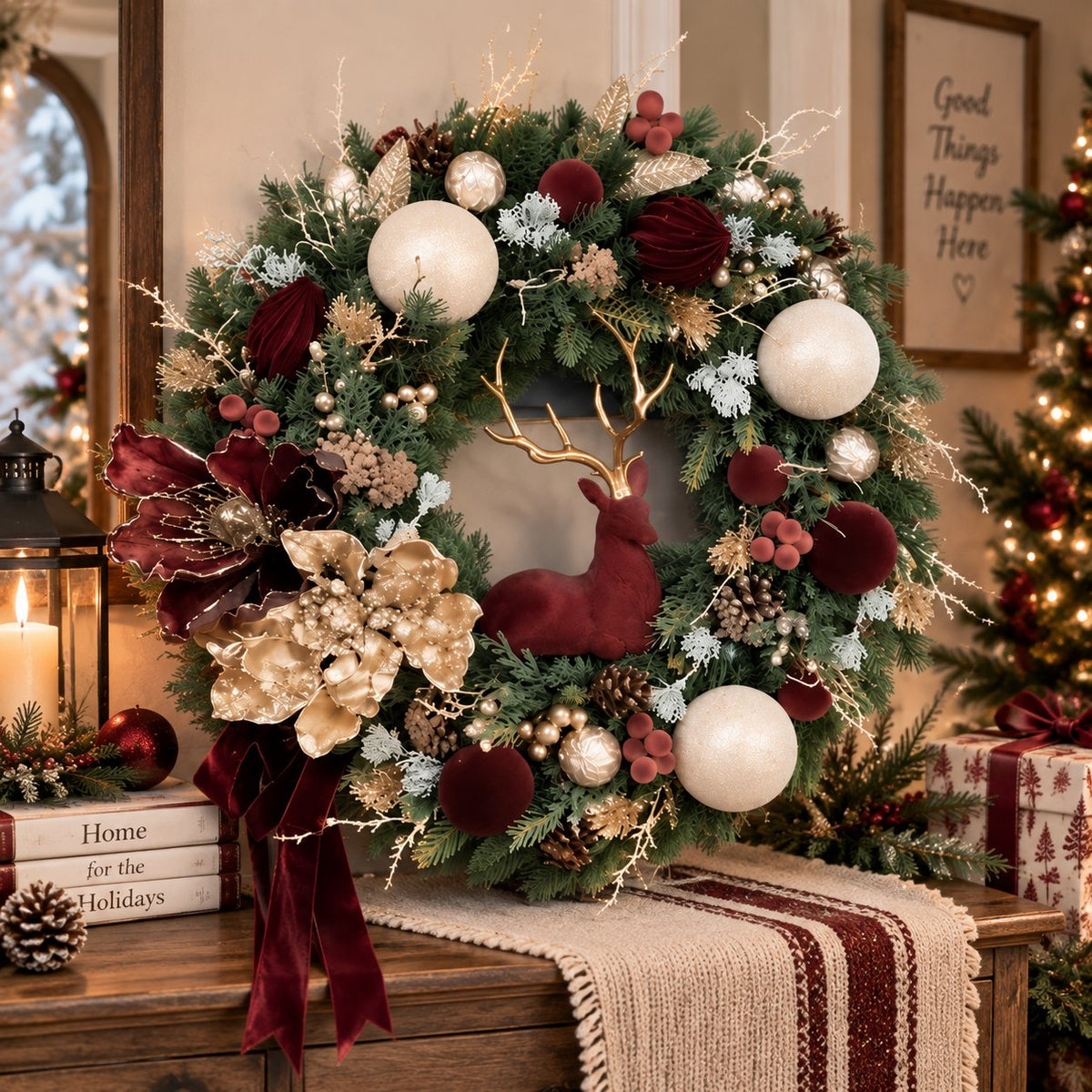 Luxury Velvet Fawn & Gold Accent Christmas Wreath