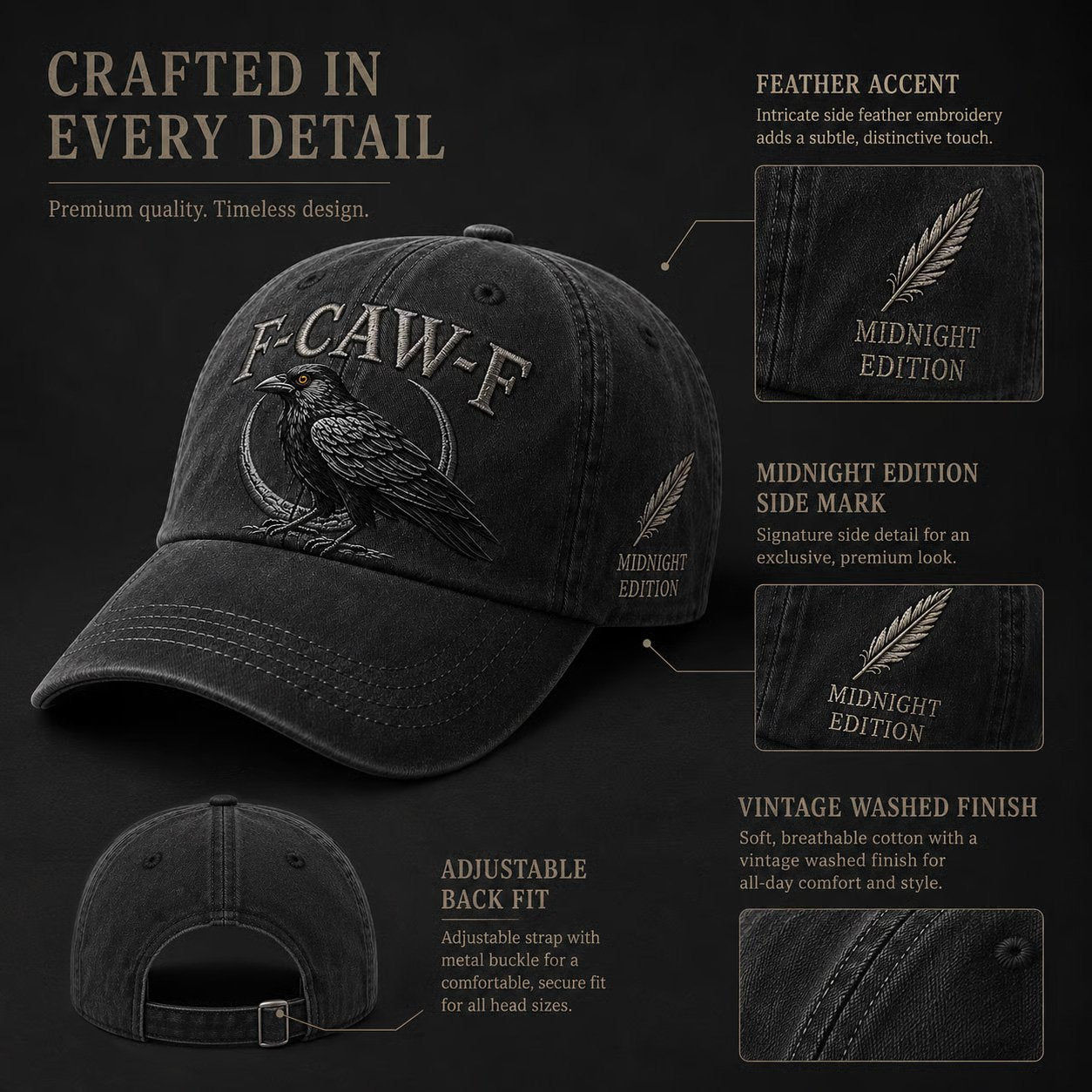 🐦‍⬛F-CAW-F Midnight Edition Raven Cap – Vintage Washed Embroidered Crow Hat