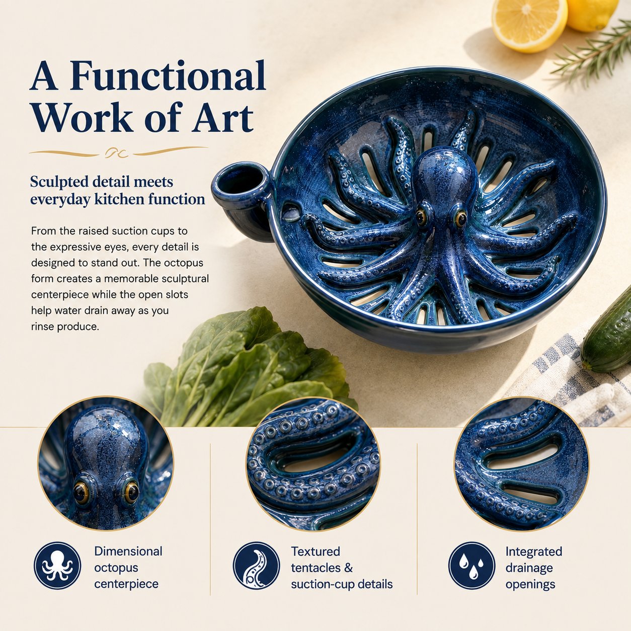Bold Indigo Octopus Berry Colander