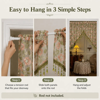 Embroidered Lace Doorway Curtain Set with Beaded Trim – 2 Panels