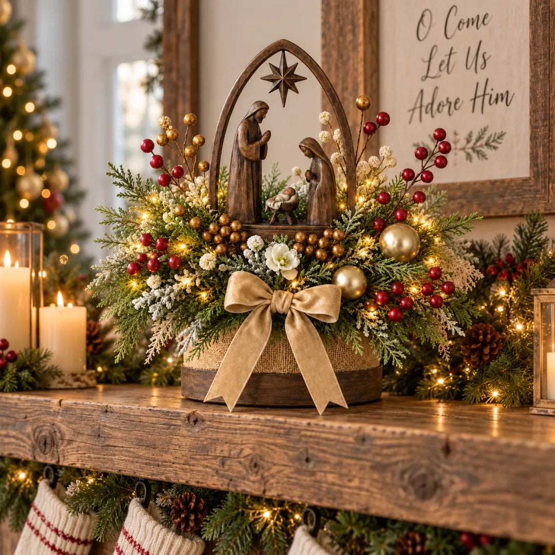Nativity centerpiece on a Christmas mantel above stockings
