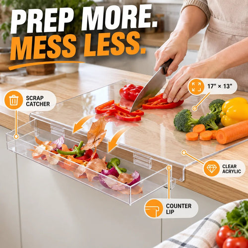 📍 50% OFF🔪 Acrylic Cutting Board✨ Built-In Waste Container & Counter Lip