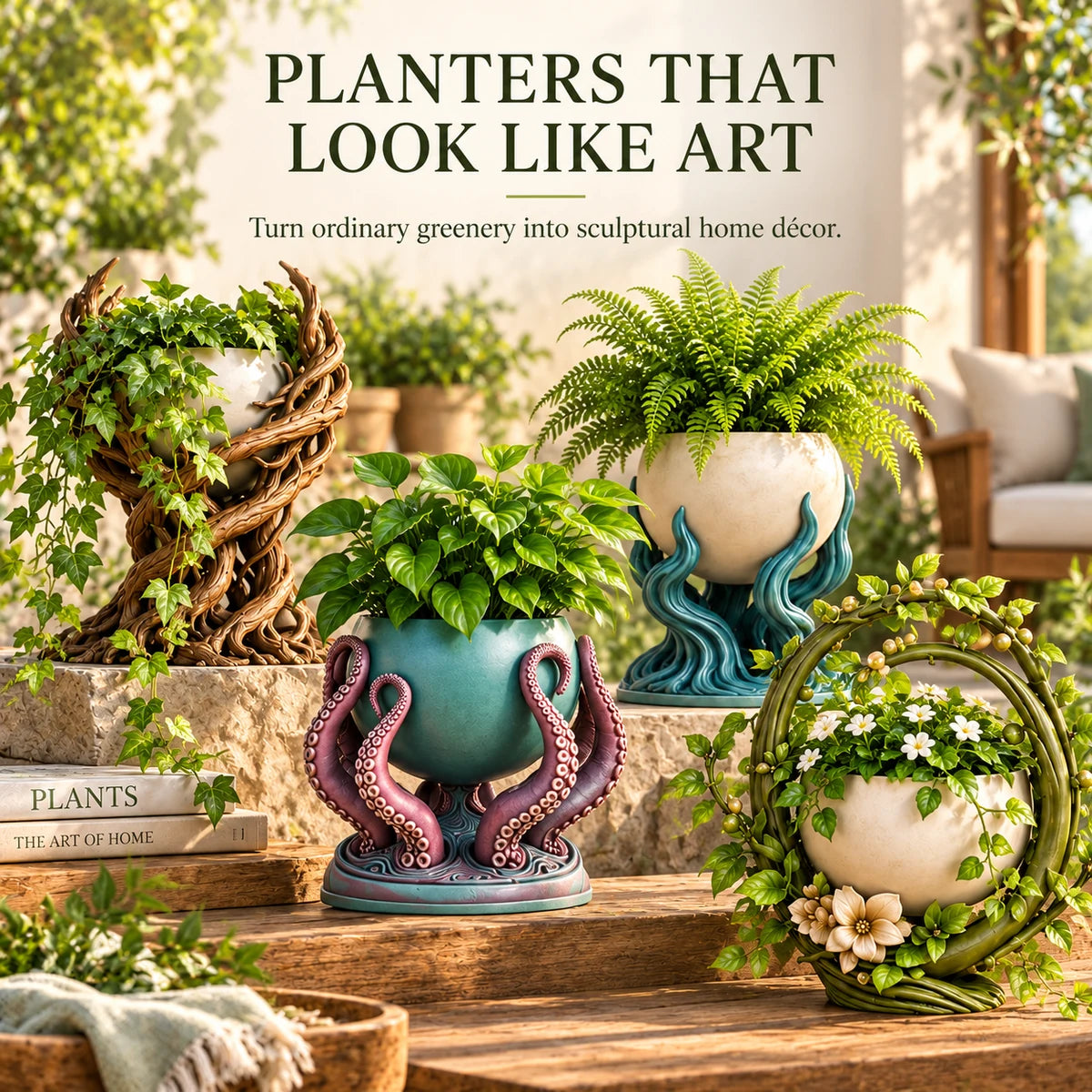 Whimsical sculptural planters styled with green plants