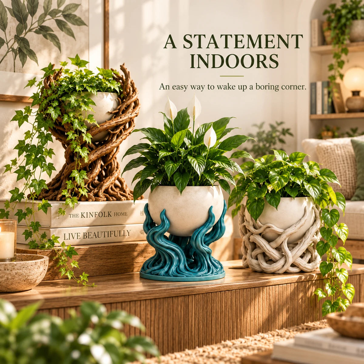 Whimsical planters styled indoors