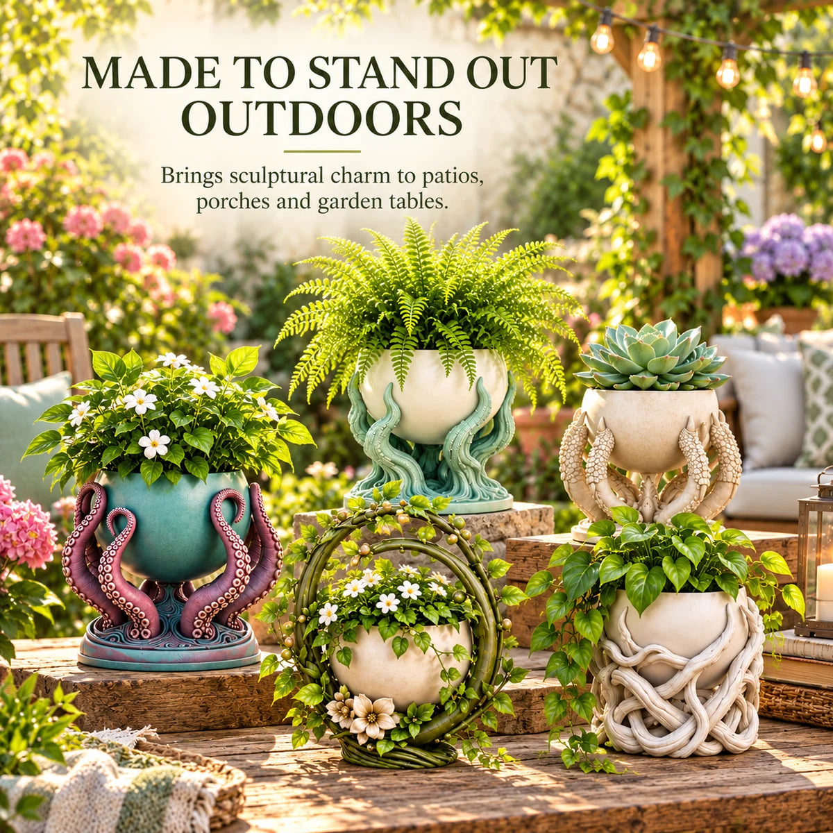 Whimsical planters arranged on a bright patio