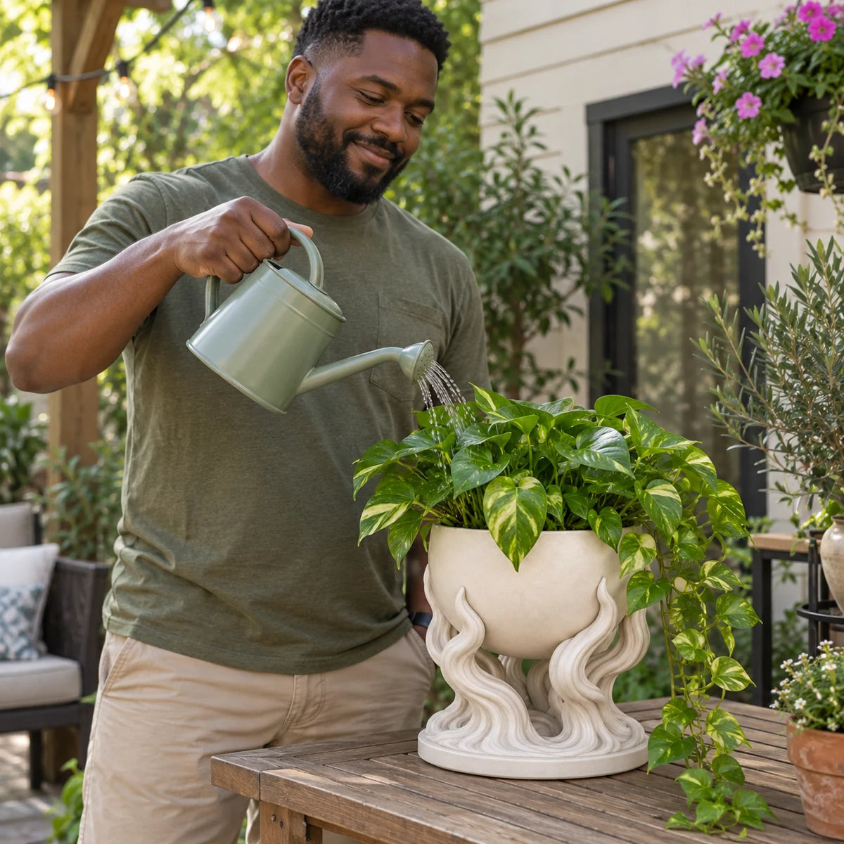 Customer watering a sculptural planter outdoors