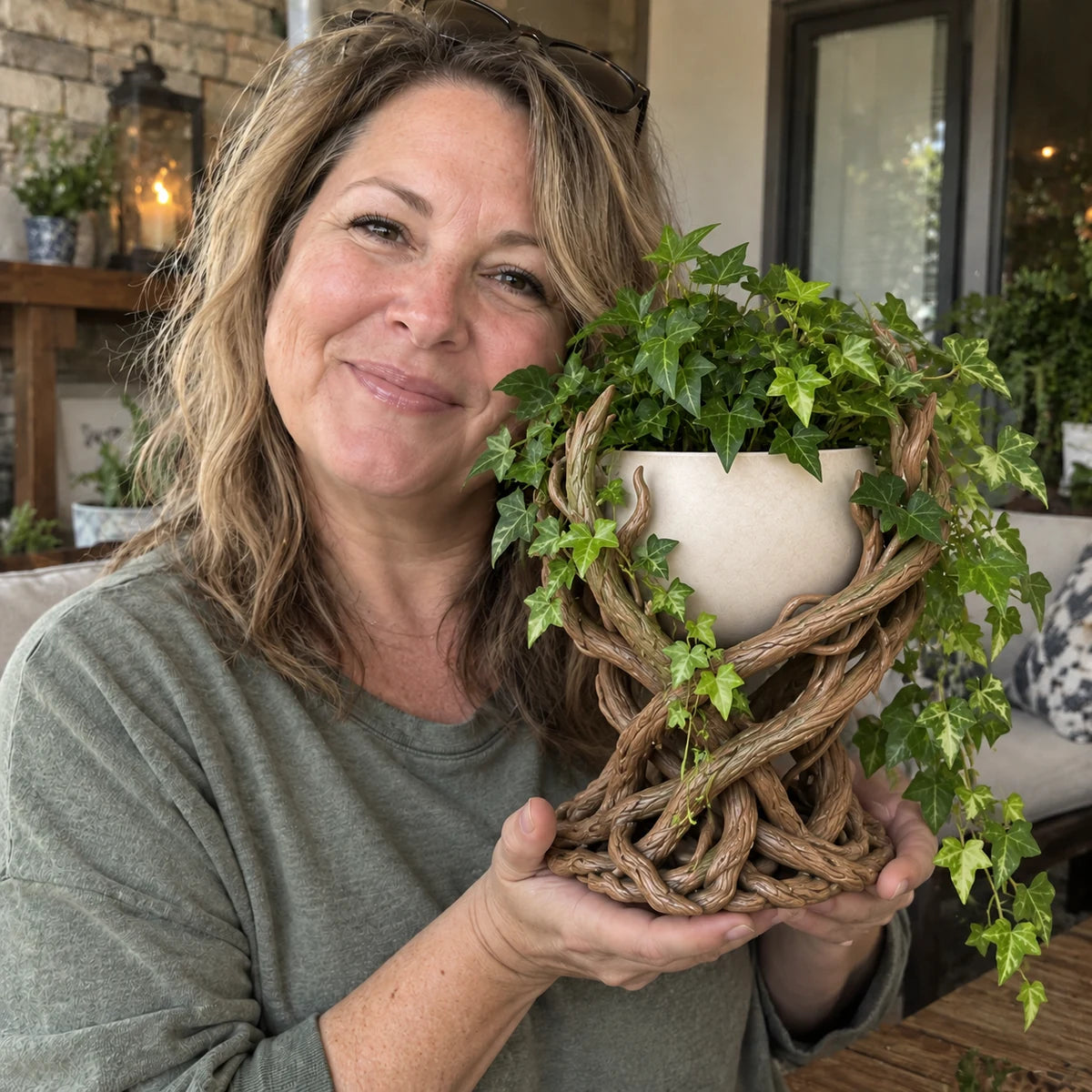 Customer holding an enchanted root style planter