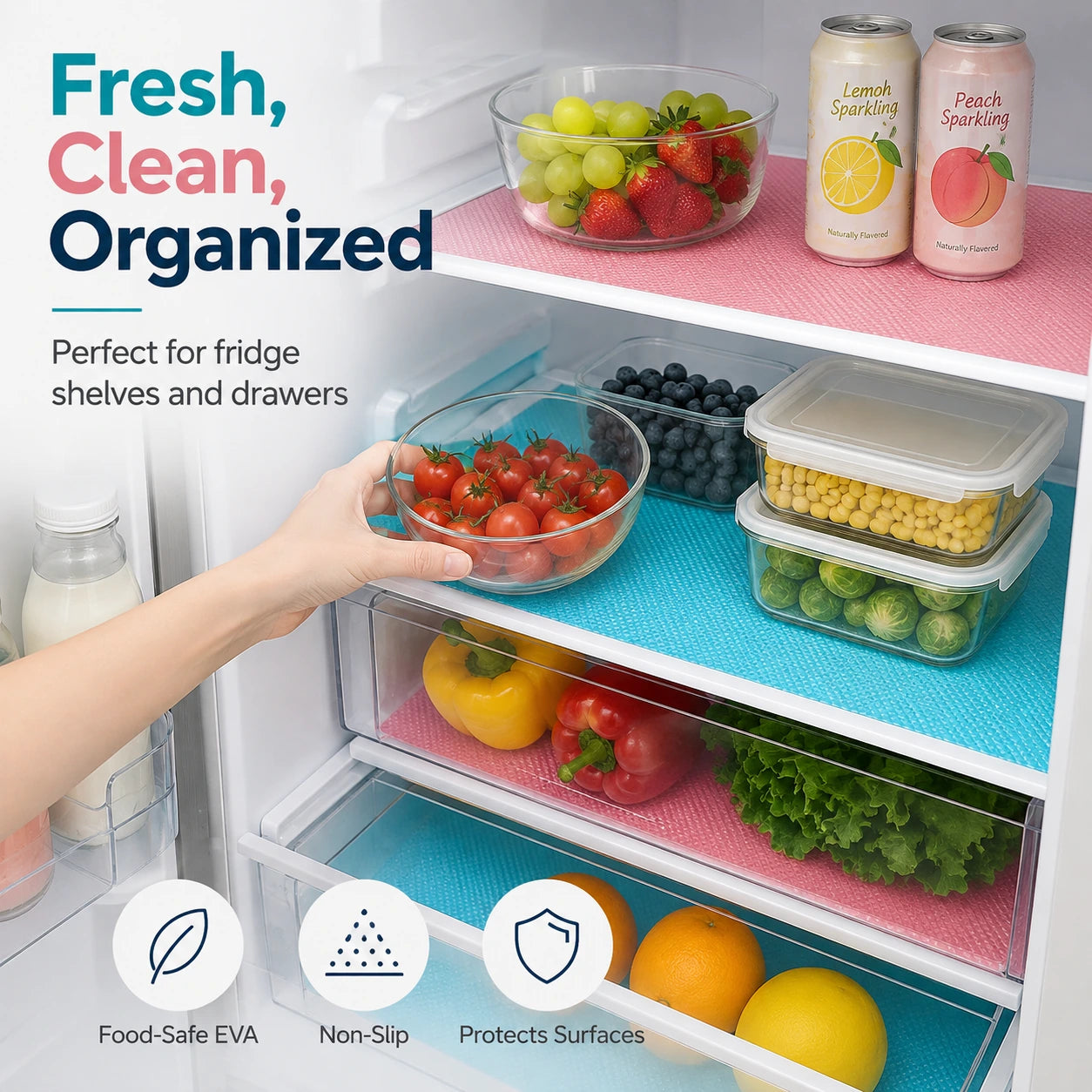 Fridge shelves organized with EVA liners